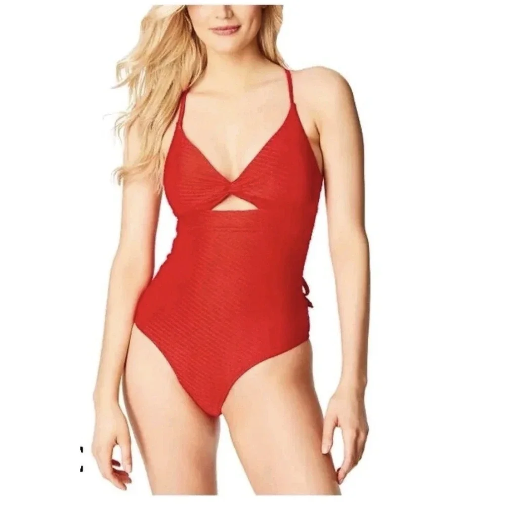 Jessica Simpson‎ Blue Cutout One Piece Swimsuit S Ribbed Halter Strappy Back NWT